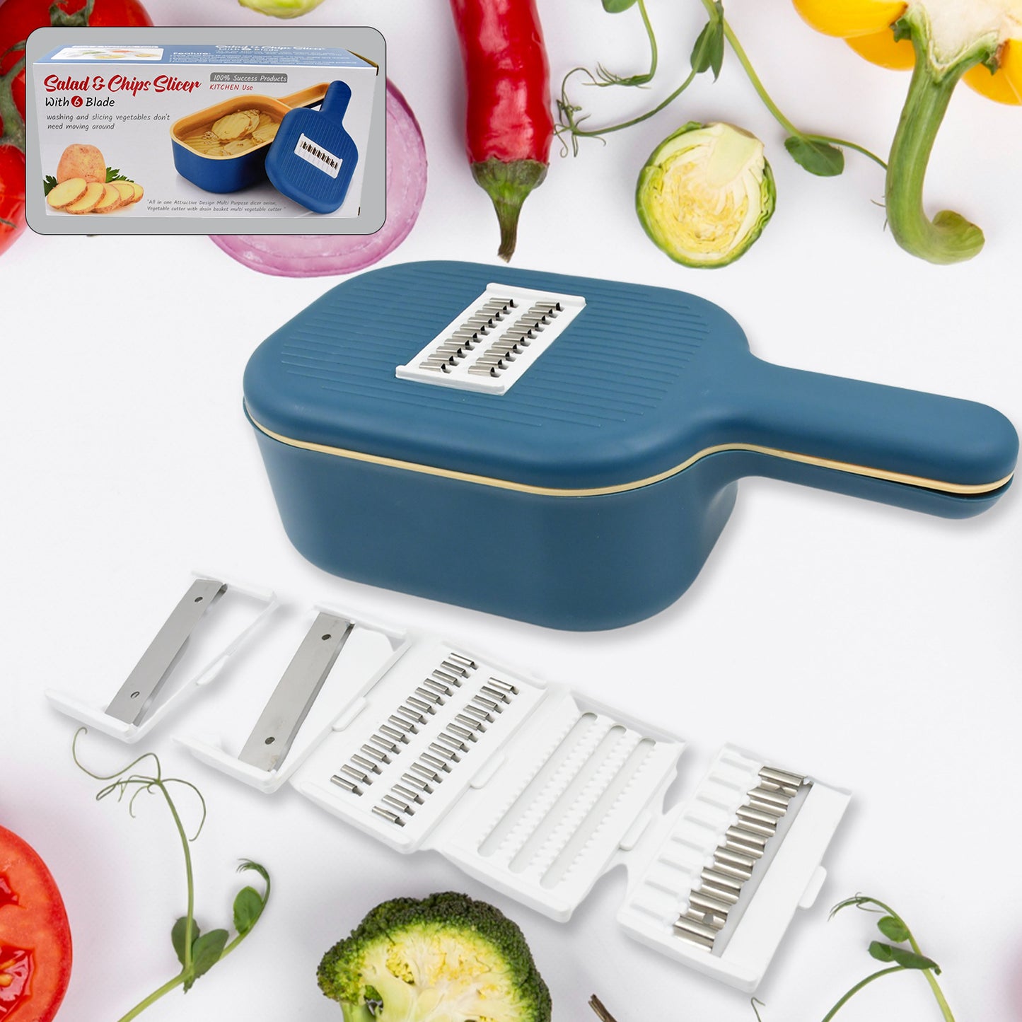 Vegetable Slicer Cutter - 6 Blades Kitchen Accessories Tools Appliances With Container Handle (1 Set)